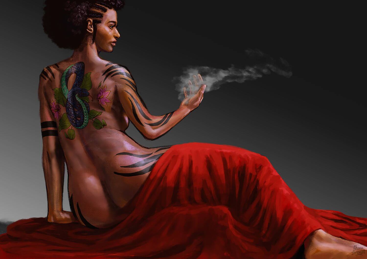 Serpent & Smoke – Tattooed Woman Fantasy Art Print