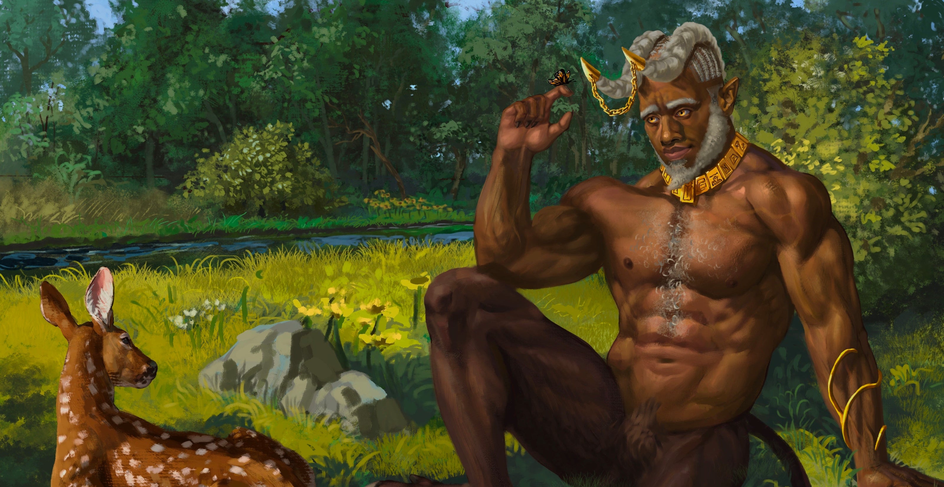 Peacemaker, hybrid character sitting in a forest with a deer.
